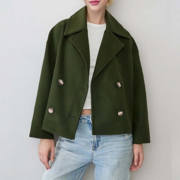 Zedker Women's Faux Trench Coat Notched Lapel Double Breasted Jacket,Plus Size Army Green L