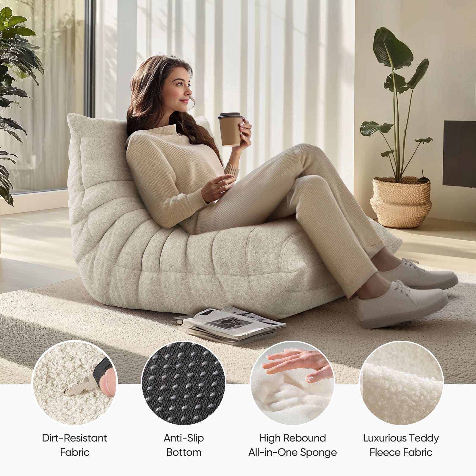 Raffle Pinker Giant Bean Bag Chair Lazy Floor Sofa, Memory Foam Fireside Sofa for Adults, for Living Room Bedroom Dorm Office, White