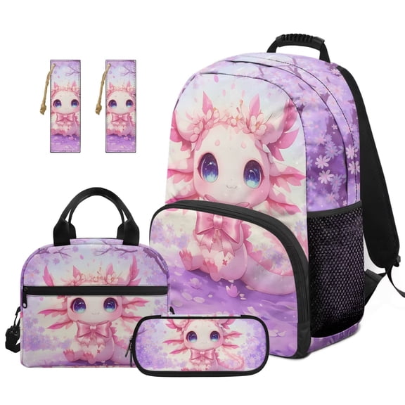 Yuyamidu Cute Axolotl School Backpack with Lunch Bag 17 Inch Purple Cherry Blossom Schoolbags Set Age 8-9 Primary School Bookbag for 5th Grade Kids Girls Lunch Box Pencil Case Bookmarks, 5 PCS