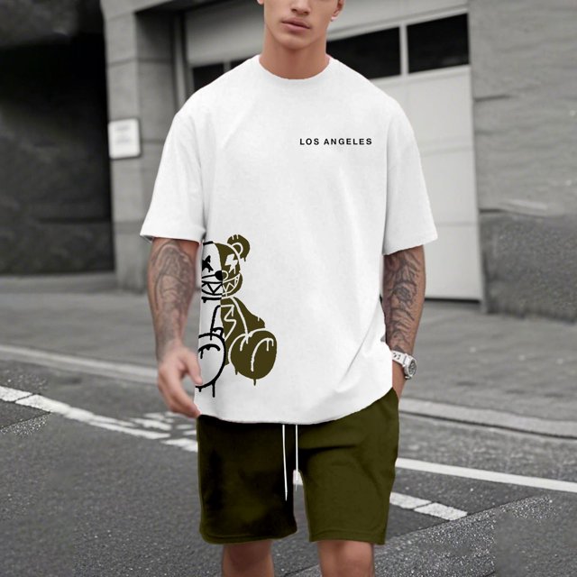 WILLBEST Conjunto de Traje para Hombre con Estampado de Oso para Uso Exterior E Informal. Combinación de Manga Corta y Pantalones Cortos para Verano. Ideal para Relajación y Actividades Físicas.