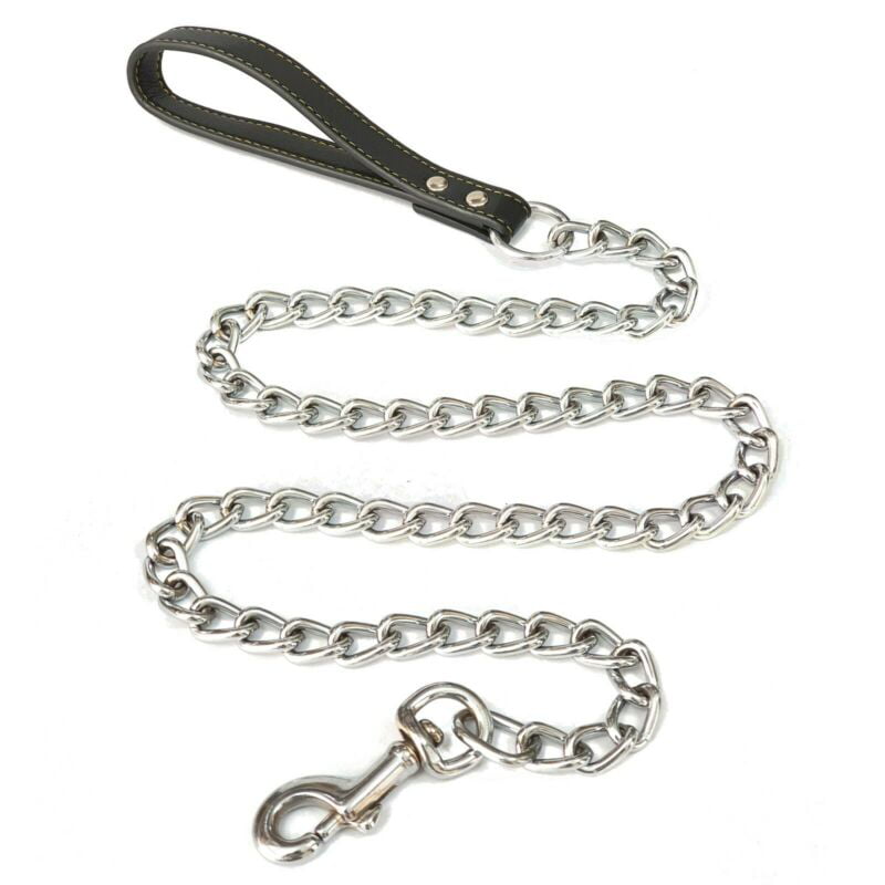 Dog Strong Heavy Duty Chain Leash with Comfy Leather Handle Leads & Trigger Hook 