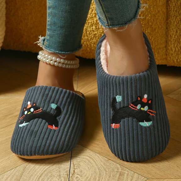 Viluyesy Womens Scuff Slippers Corduroy Sherpa Lined Cat Embroidery Cushioned Memory Foam Non Slip Warm Slip On Indoor House Shoes Cozy Slides Gray Size 10-10.5