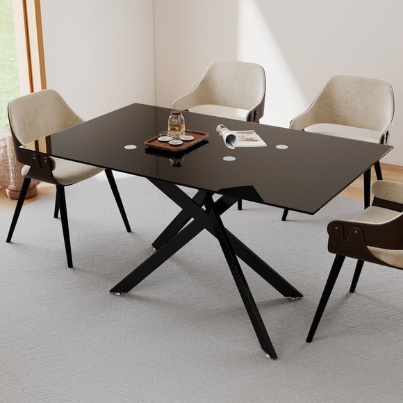 Noble House 51.18" Rectangular Clear Tempered Glass Dining Table,Black