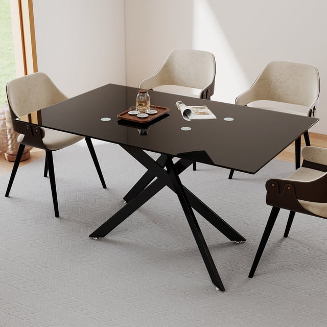 Noble House 51.18" Rectangular Clear Tempered Glass Dining Table,Black
