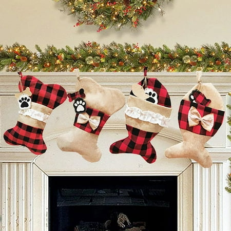 

GROFRY Christmas Pet Sock Bone/Fish Shape Red Black Plaid Paw Print Tag Adorable Gifts Scene Layout Tear-resistant Hanging Xmas Tree Gift Bag Pendant Party Favors