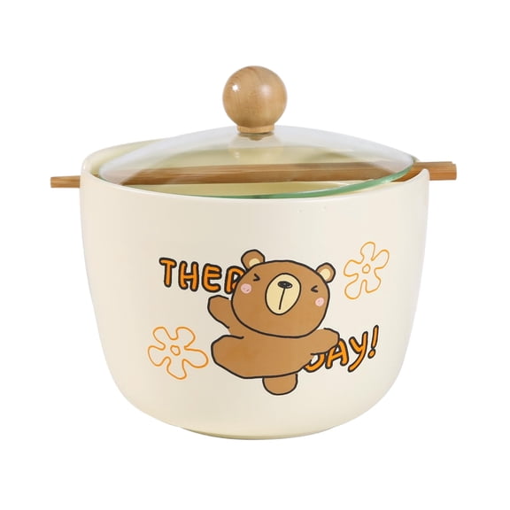 Porcelain Ramen Noodle Bowl with Glass Lid 26 fl oz Bowl With Chopsticks For Udong, Pho, Tomyum Ramen Noodle Soup Whimsical Characters (Bear)