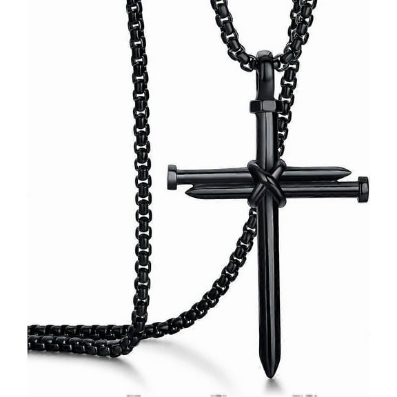 Men's Stainless Steel Nail Cross Pendant Necklace With 24 Inch Chain Polished Black Gold Silver