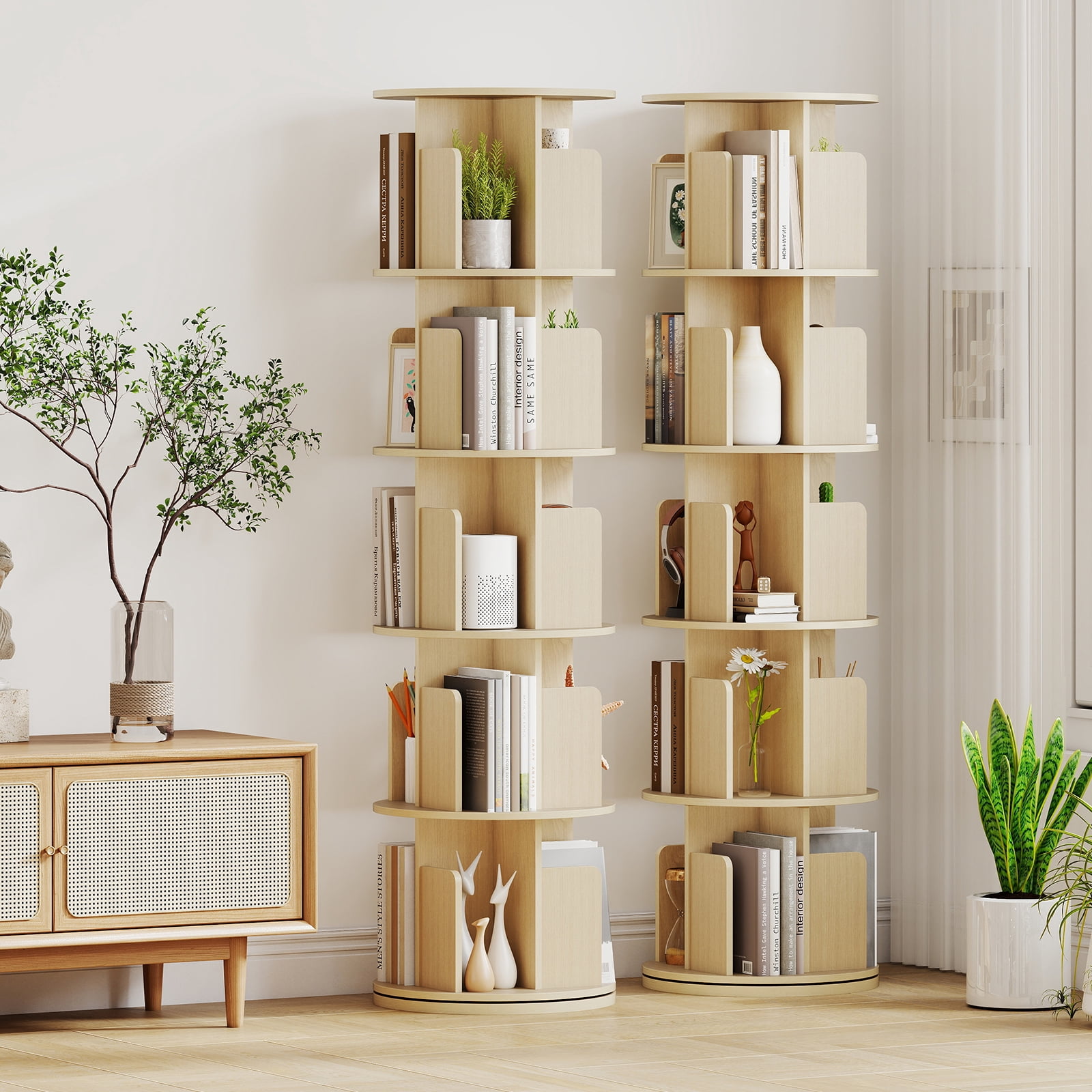 Costway 1 PCS 5-Tier Rotating Bookshelf 360° Display Rack with Dividers & Anti-falling Baffles Natural