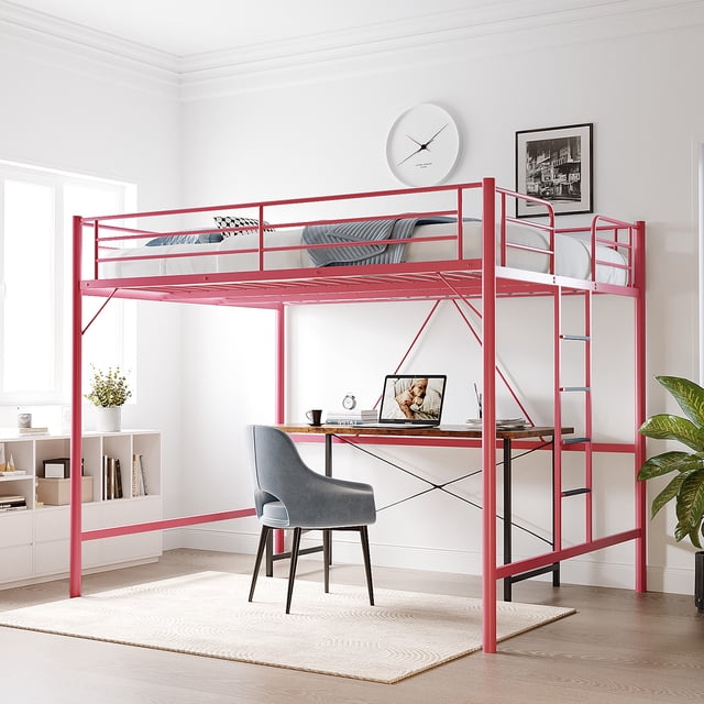 Ktaxon Loft Bed Queen Size with Flat Rungs, No Box Spring Required,Heavy Duty Metal Slat Support,Pink