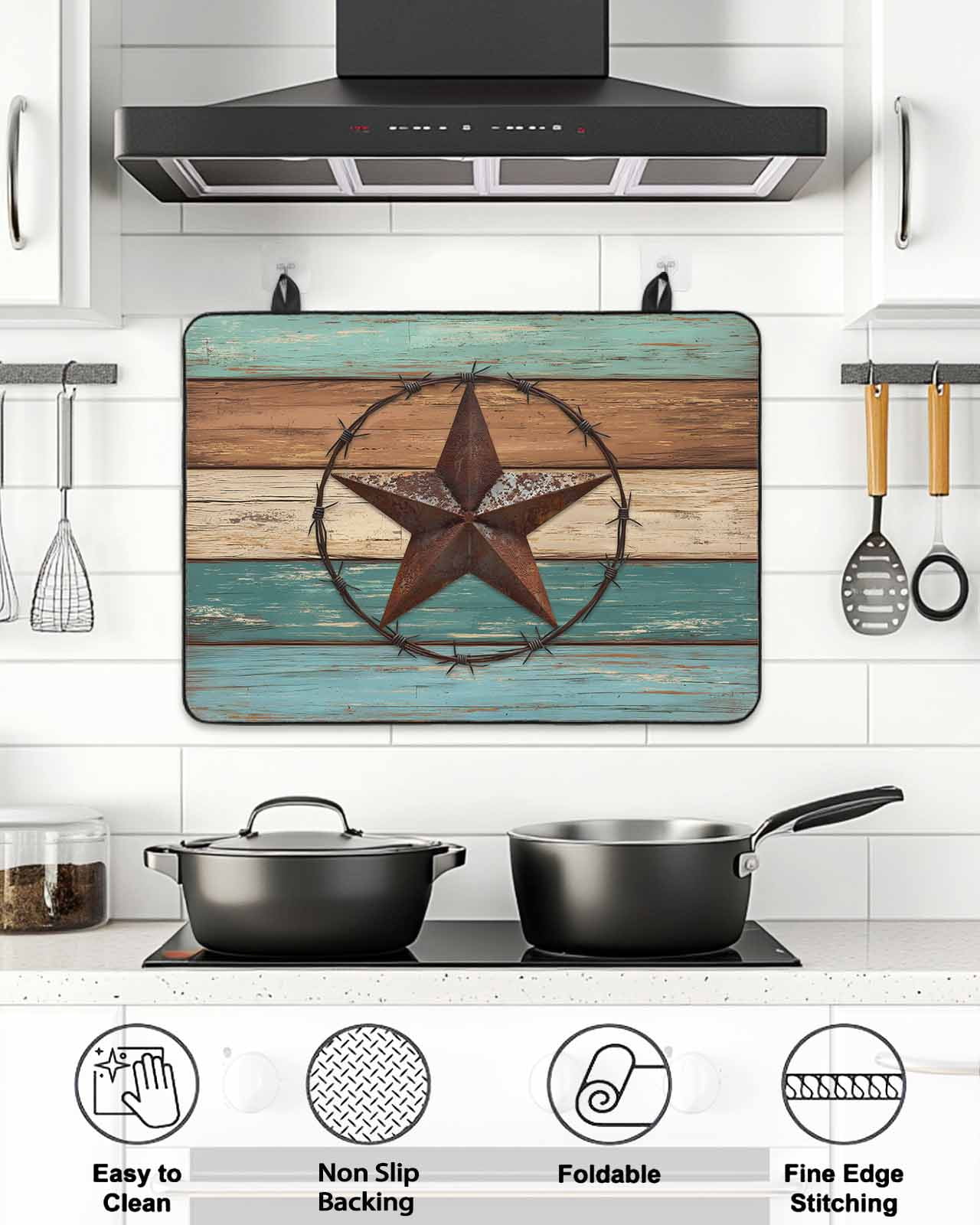 Stove Top Covers for Electric Stove 36x21 Inches, Teal Brown Blue Heat Insulation Fireproof Glass Cooktop Protector, Vintage Country Barn Star Wooden Grain Countertop Stovetop Cover for Kitchen