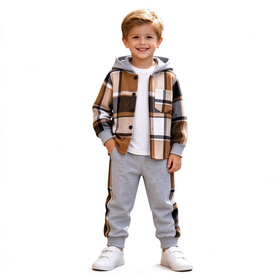 ClothesFuns Toddler Boy Clothes 2 Piece Pants Set Plaid Long Sleeve Hooded Button Shirt Jogger Pants Kids Checkered Fall Outfits Boys Clothes
