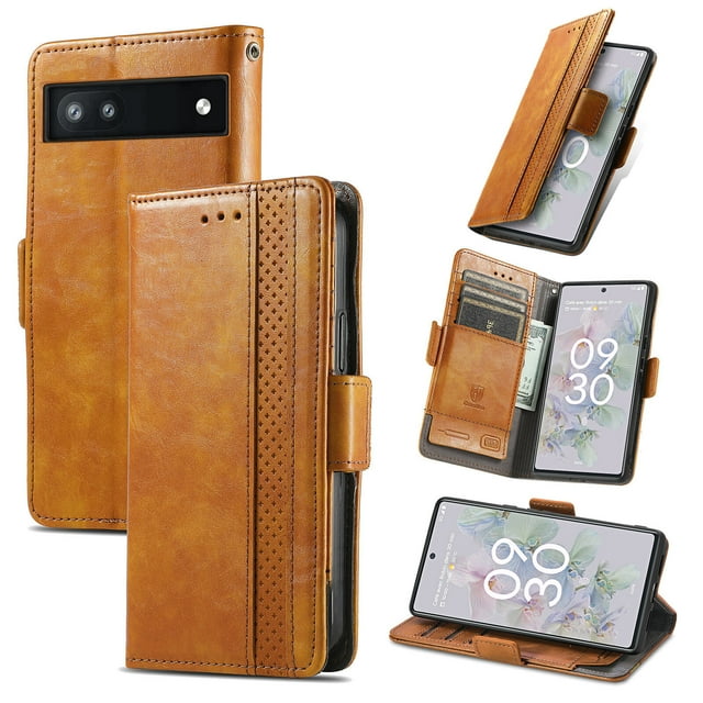 Case for Google Pixel 6A Cover Leather Wallet Folio Case Book Design Flip Magnetic Closure - Yellow