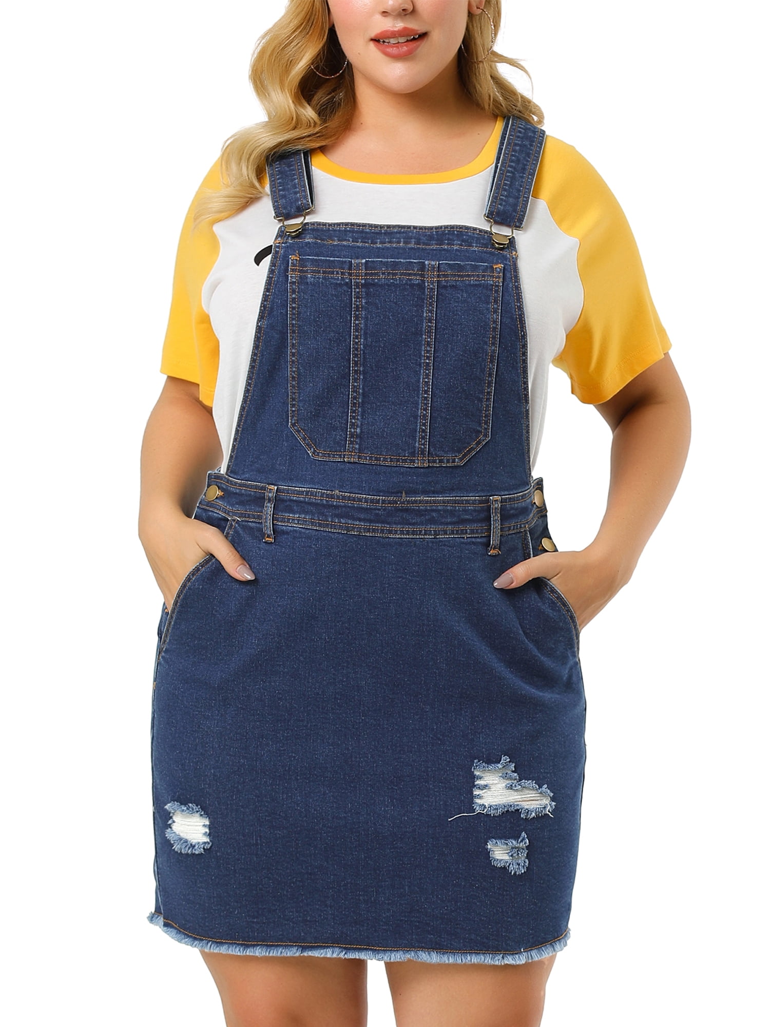 Agnes Orinda Juniors Plus Size Raw Hem Jeans Denim Suspender Ripped Overall without tube Top