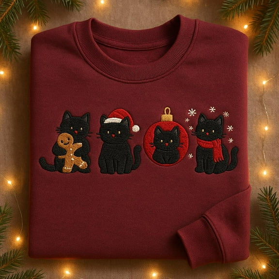 Christmas Black Cats Embroidered Sweatshirt, Cute Holiday Cat Lover Sweater, Festive Kitty Crewneck, Funny Xmas Gift, Cozy Winter Pet Shirt