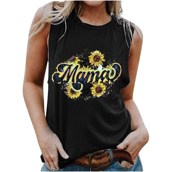 Wycnly Tank Top for Women Sunflower Graphics Summer Round Neck Sleeveless T Shirts Fashion MAMA Letter Print Loose Breathable Vest Blouses Black s Under $5