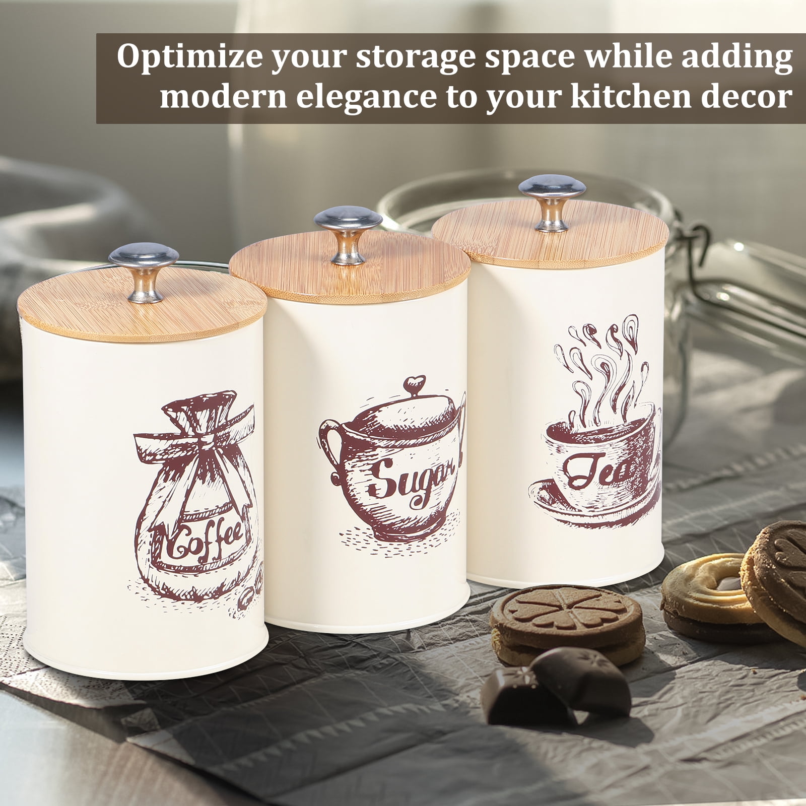 Fkszll 3Pcs Food Storage Canister Set, Airtight Vintage Coffee Sugar Canisters Set, Coffee Sugar Tea Storage Container Jar with Wooden Lid for Kitchen, 25 oz