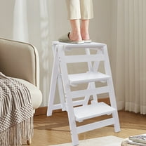 SHZICMY Pinewood Step Ladder 3-Layer Folding Wooden Step Stool Anti-Slip White 330.69 lbs
