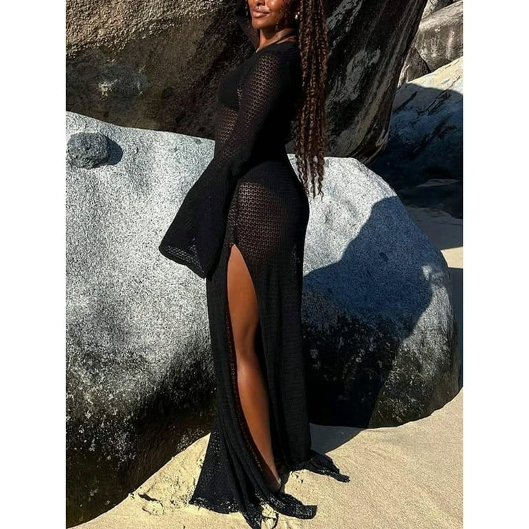 Women's Sheer Beach Cover Up Sexy Black Maxi Dress with Deep V Neck Long Sleeves High Slit Swimwear Wrap for Vacations - Walmart.com Women's Sheer Beach Cover Up Sexy Black Maxi Dress with Deep V Neck Long Sleeves High Slit Swimwear Wrap for Vacations - Walmart.com