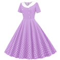 thumbnail image 4 of Girls Dresses Vintage Polka Dot Dress, Short Sleeve Style Peter Pan Collar A-Line Midi Dress, Retro Swing Dress for Kids Party Daily Wear(Purple,7-8 Years), 4 of 5