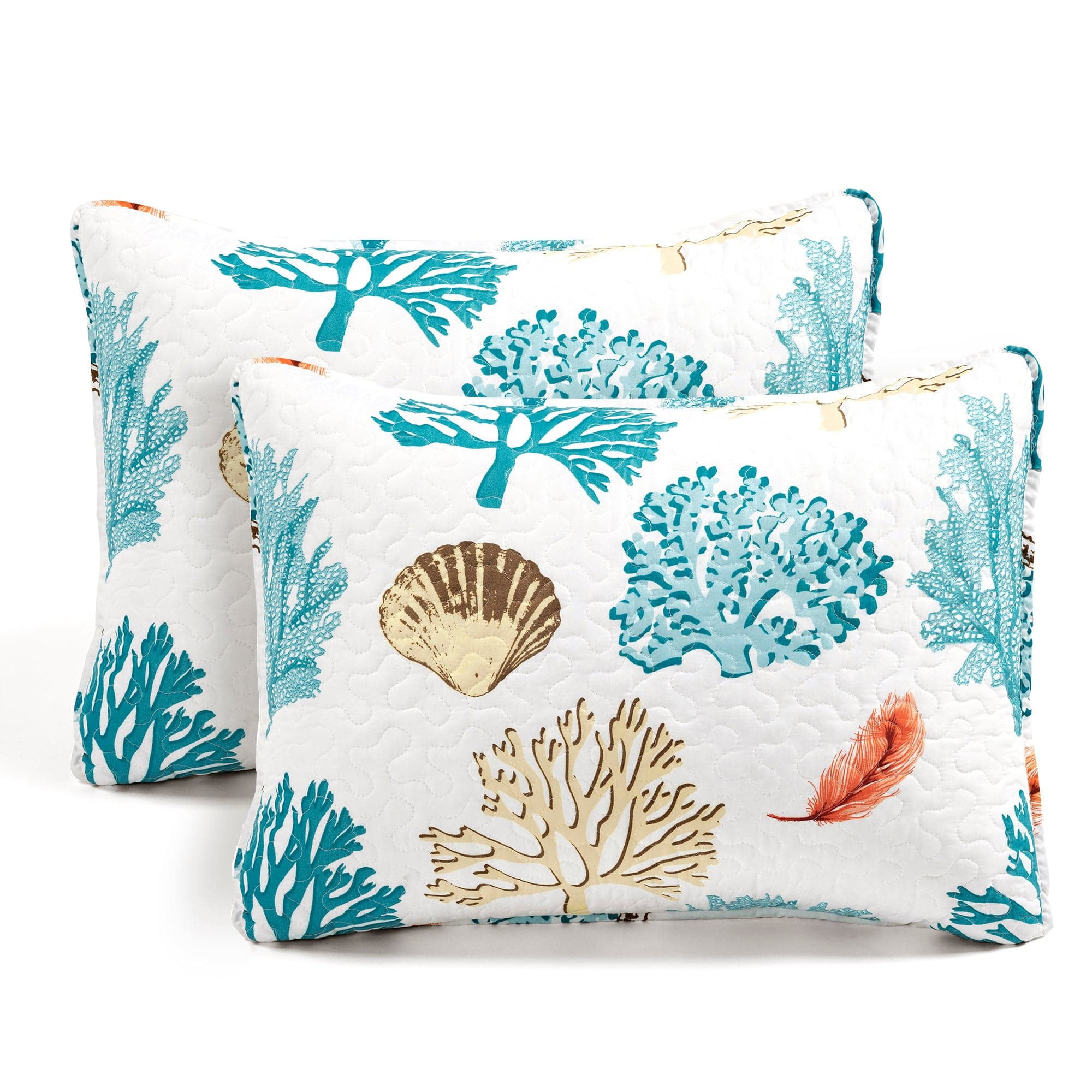 Lush Decor Coastal Reef Feather Quilt Blue/Coral 7Pc Set Full/Queen
