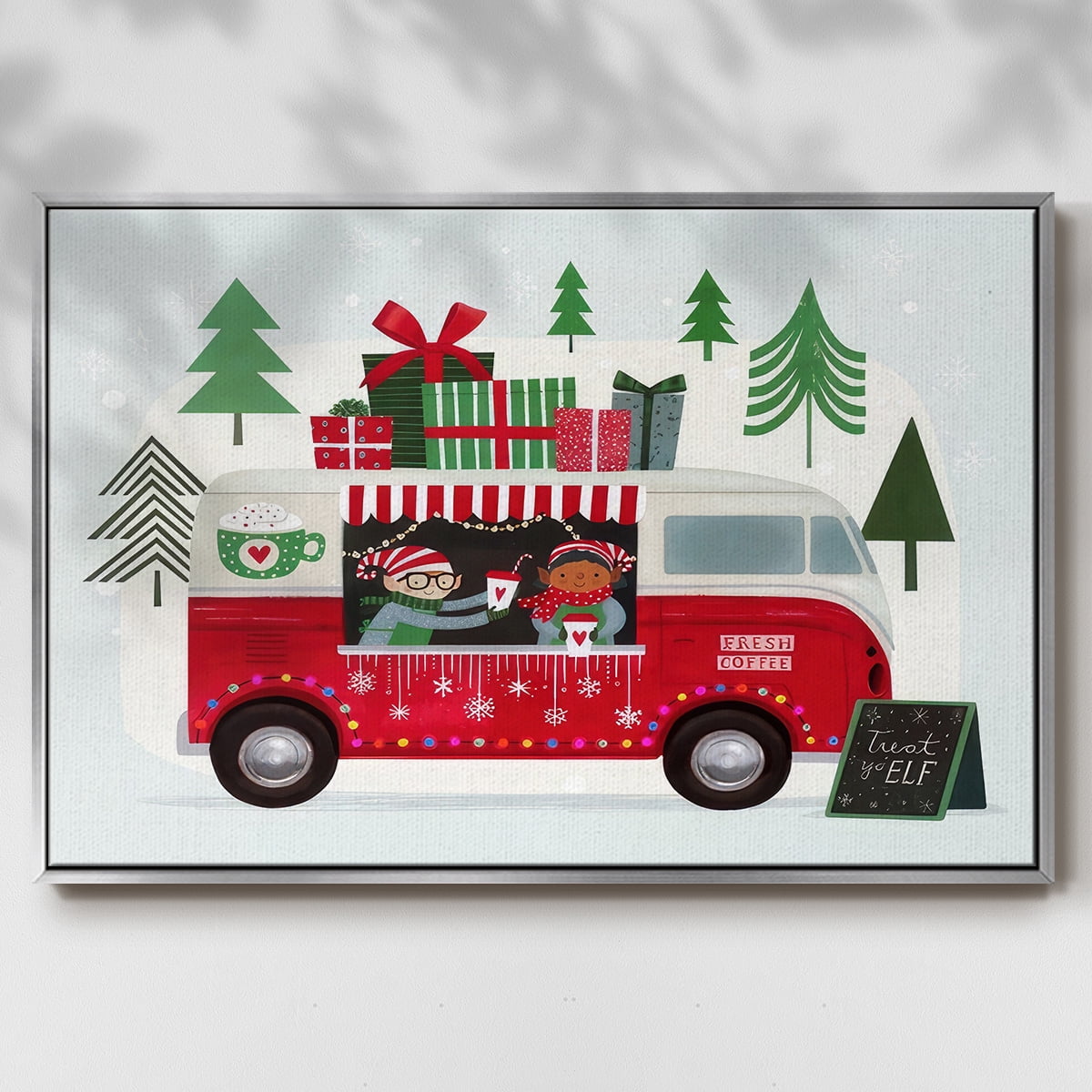 Santa's Foodtruck Collection A - Framed Gallery Wrapped Holiday Canvas - 25 x 37 - Silver Frame