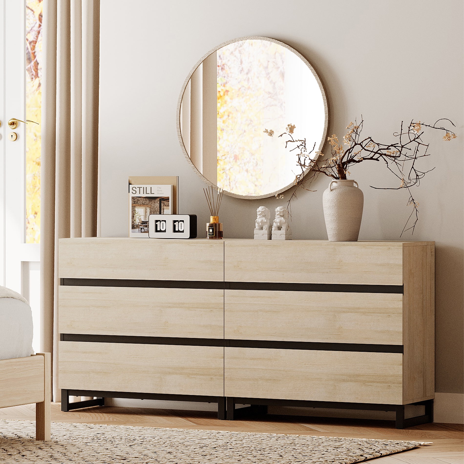 WAMPAT 3 Piece Dresser and Nightstand Sets, 63 Inches Dresser &Chest with 6 Drawers, 2 Nightstand with 2 Drawers Side Table for Bedroom, Bedroom Furniture Set,Light Oak