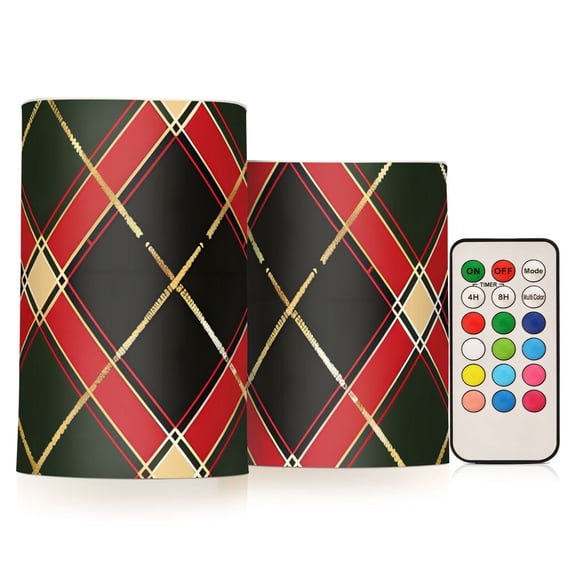 Plaid Red Green Flameless Candles Flickering with Remote and Timer Battery Operated LED Pillar Candle Set of 2