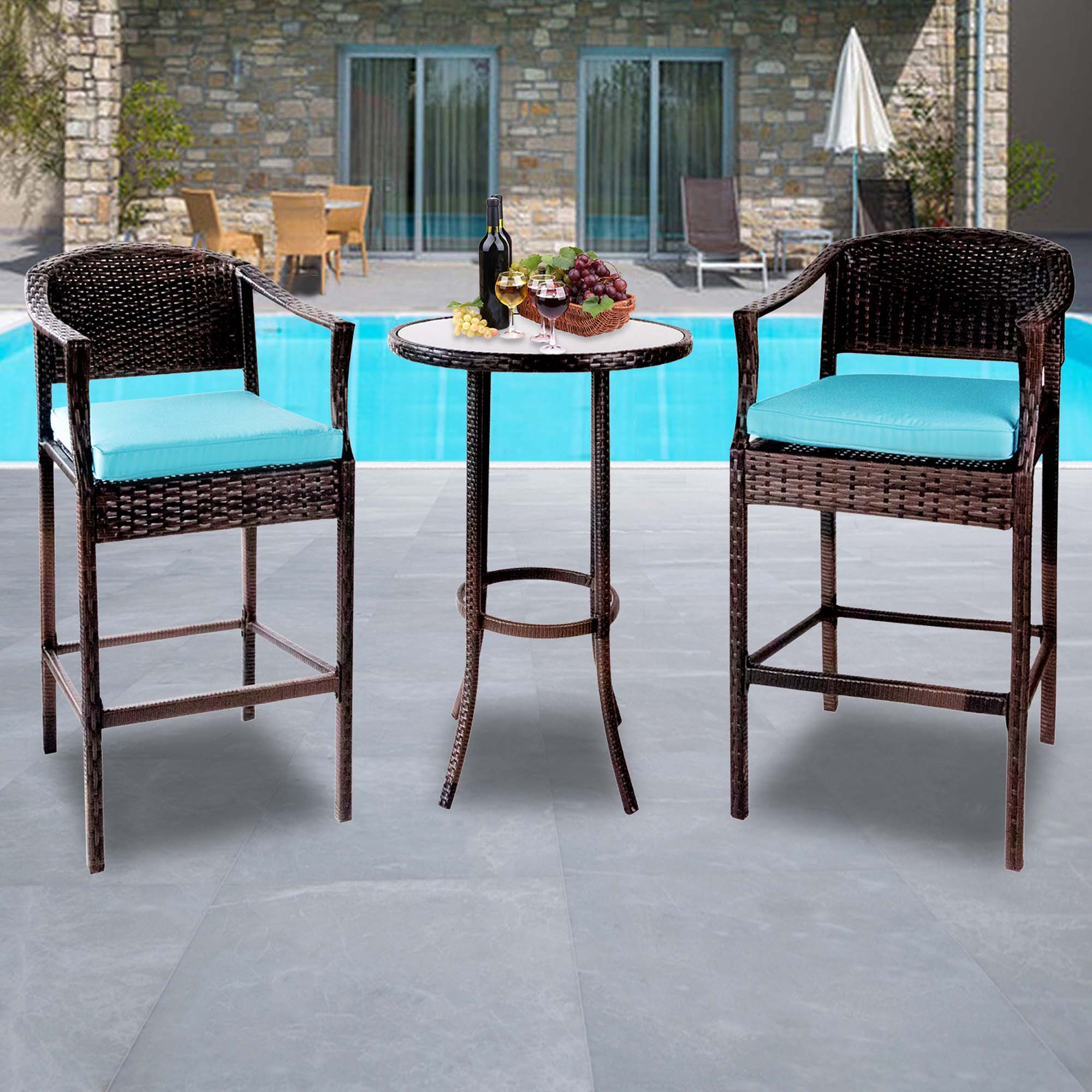 Lightweight Patio Bistro Set, 3 Piece Outdoor Bar Table & Chairs Set, 2 High Bar Chairs & 1 High Glass Top Table, All Weather Metal Frame Furniture Set, Outdoor Patio Set for Garden Yard Cafe, T156 - image 2 of 8