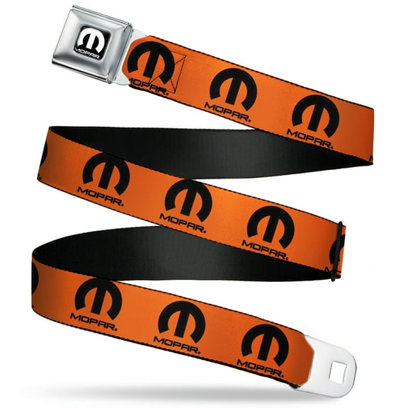 Mopar Belt, Seatbelt Buckle Belt, Mopar Logo Repeat Orange Black, 30 to 44 Inches