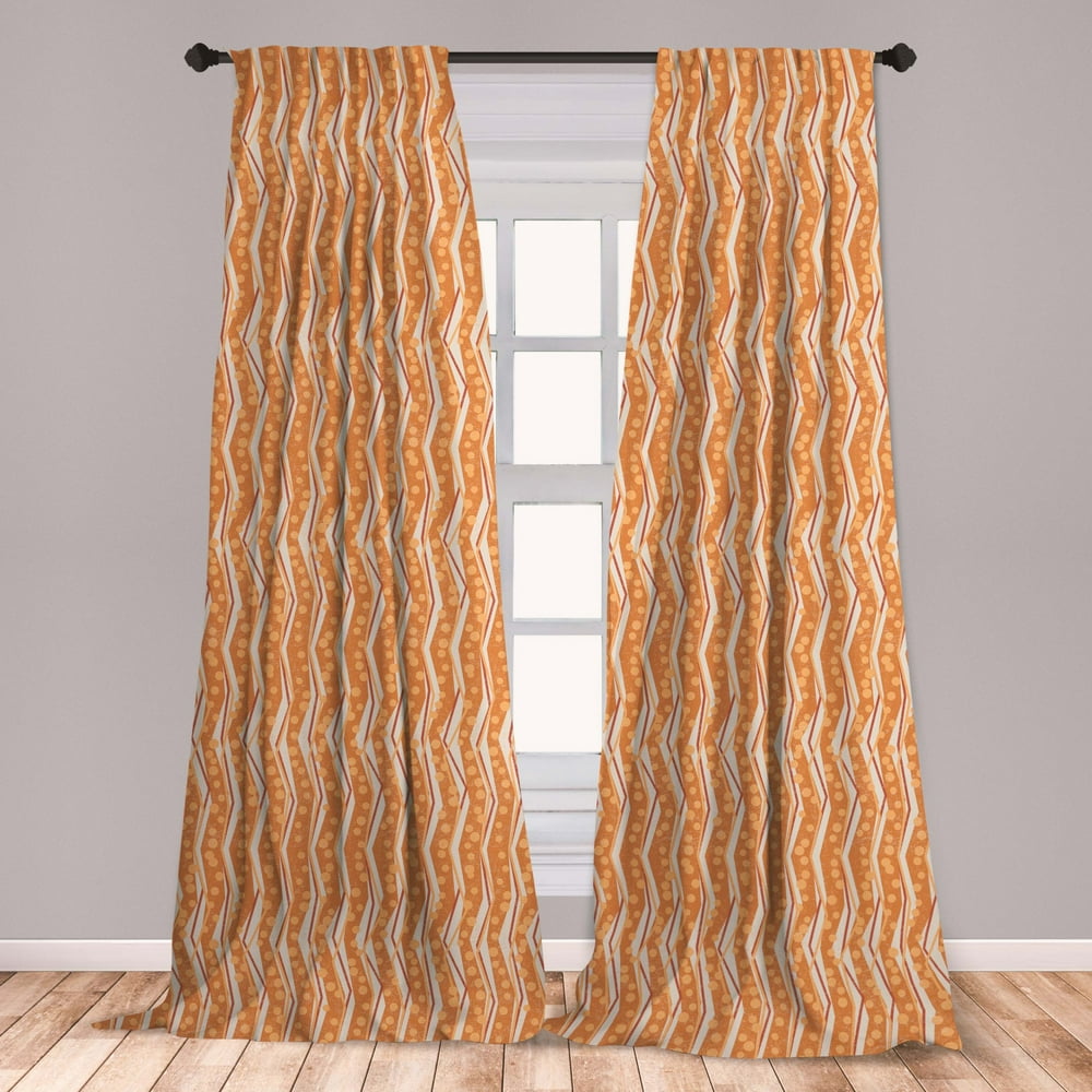 Burnt Orange Curtains 2 Panels Set, Chevron Zigzags Pattern with Stripe