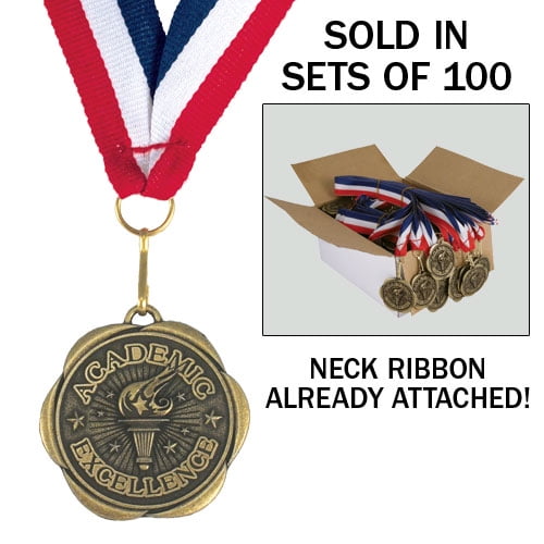 Bronze Book and Lamp Scholastic Medals Trophy Champion Participant Award Prize with Neck Ribbons Pack of 10