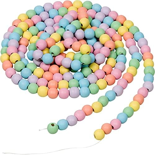 9-Foot Rustic Pastel Rainbow Easter Spring Matte Wood Bead Garland Christmas Tree Decoration - Decorative Vintage Style Wooden Beads - Everyday Shabby Chic Country Farmhouse Home Decor
