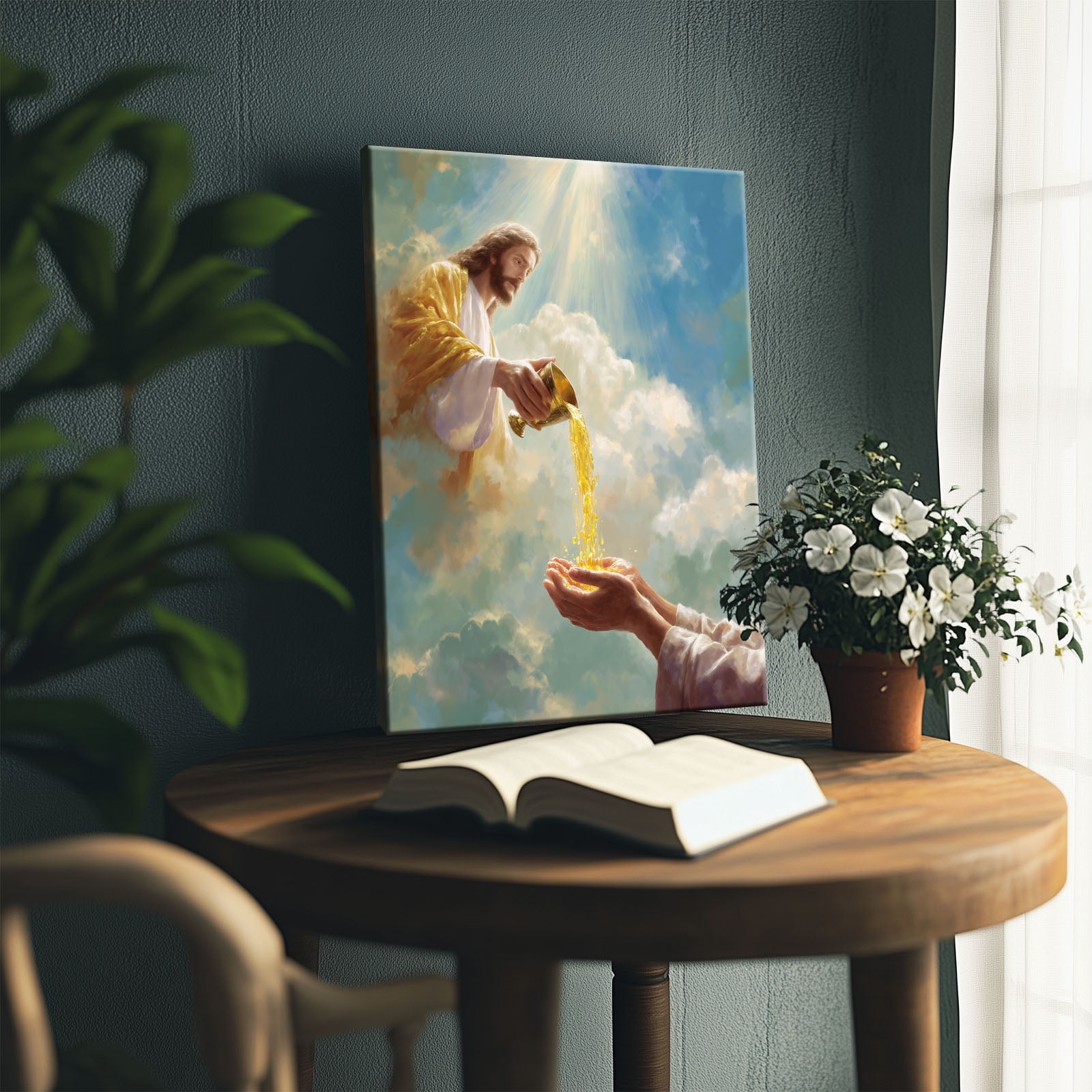 P&L Art Framed Canvas Wall Art - 24"x30" Divine Blessing Jesus Pouring Golden Grace Christian Faith Spiritual Home Church Large Statement Wall Decor