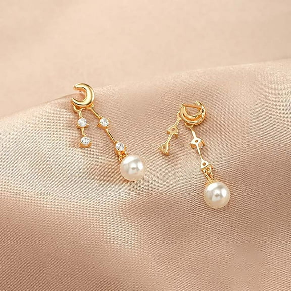 Crescent Moon Earrings with Diamond Stars & Pearl, Pearl Dangle Drop Earrings, Diamond Pearl Earrings, Bridal Earrings, Bridesmaid Gift, Gold or Silver