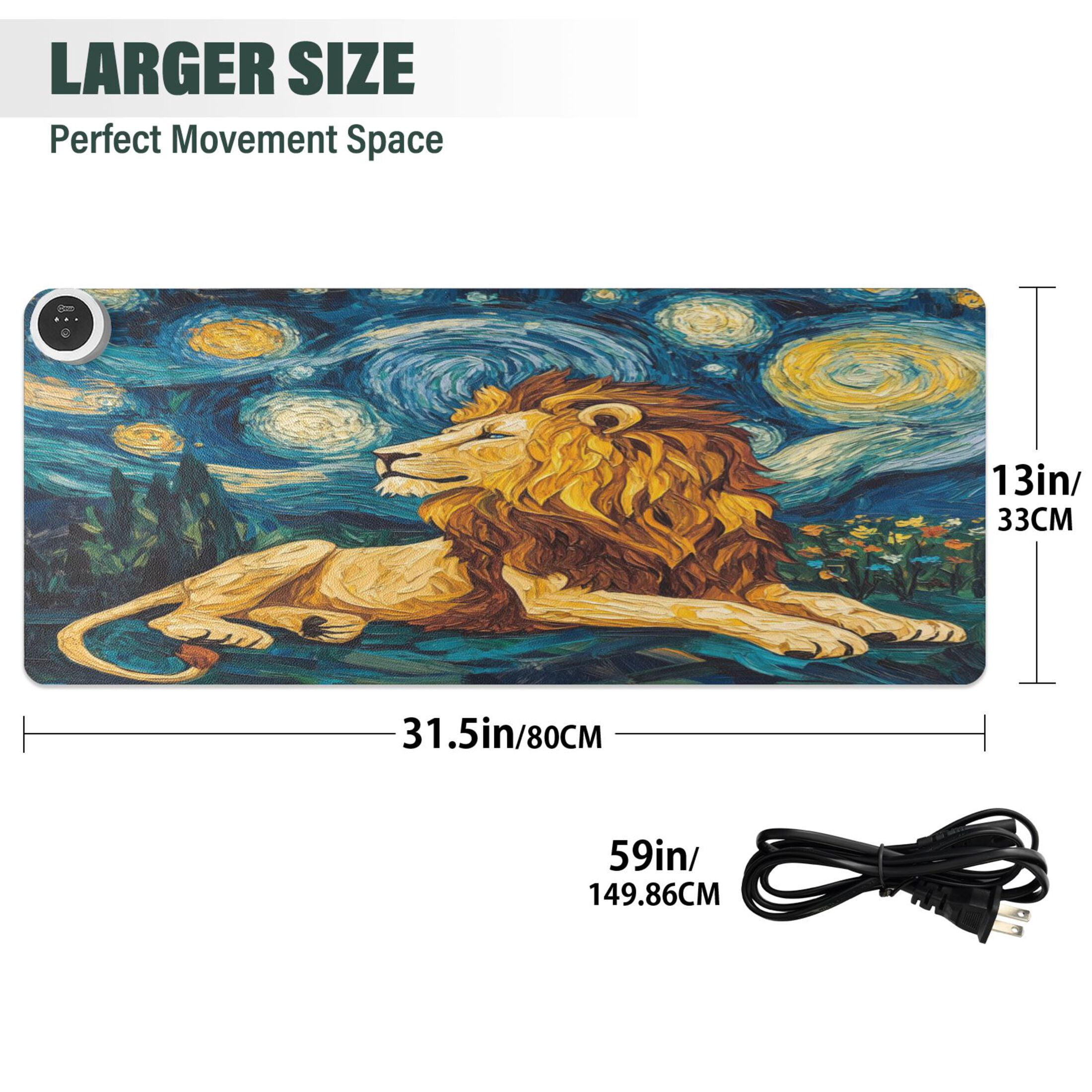 Wobogo Golden Lion King Heated Mouse Pad Extra-Large Desk Mat With 3 Heating Levels and 3-hour Auto Shut-Off Protection Ideal for Computer Keyboards Home Office Hand-warming Essential 31.5in × 13in