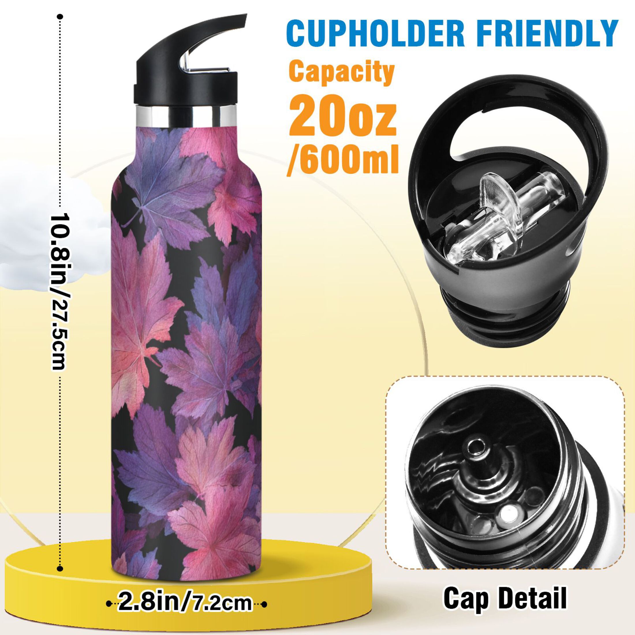 600ML Stainless Steel Insulated Cup Sports Water Bottle Portable Thermos Cup Water Glasses Insulated Tumblers Convenient and Durable Watercolor Maple Leaf