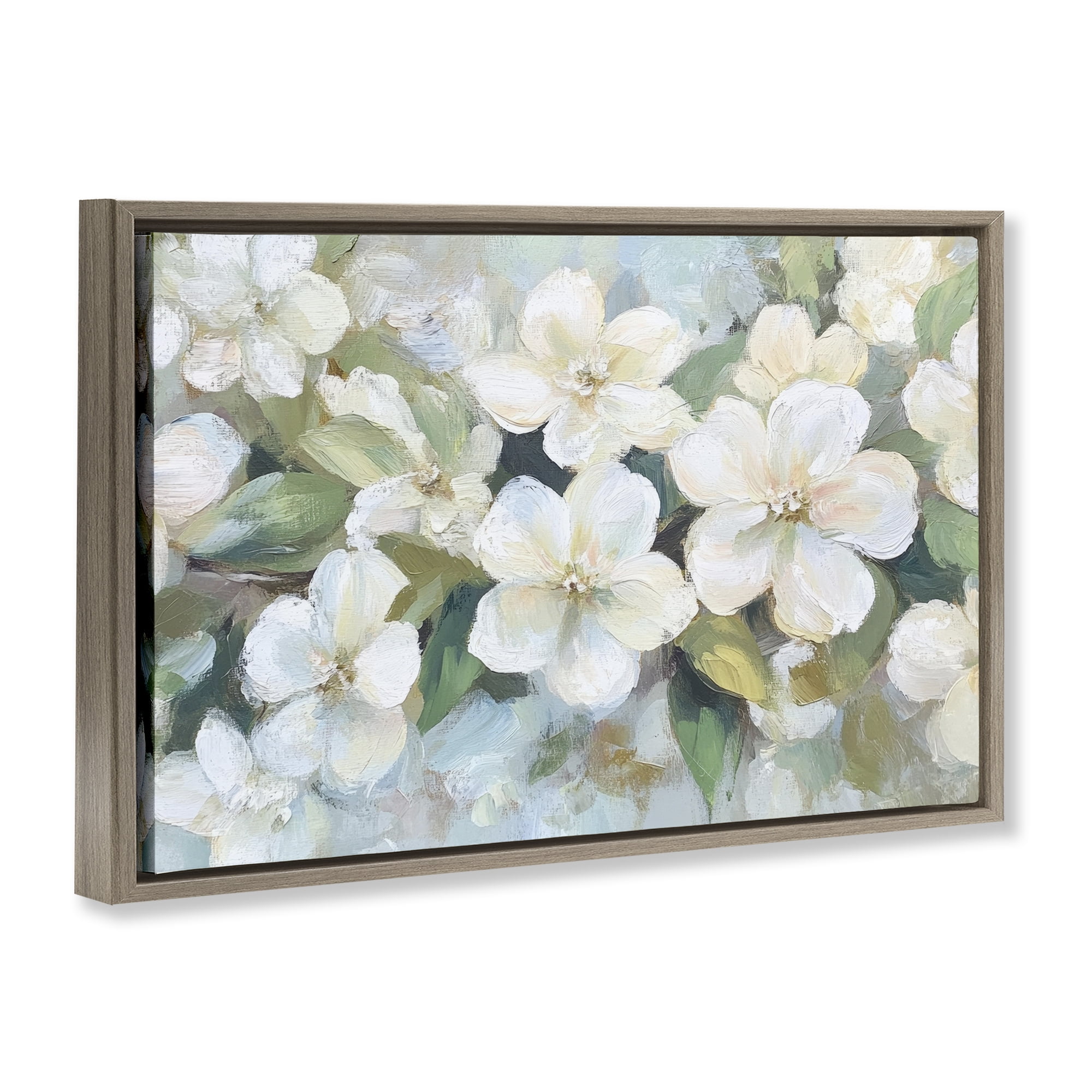 Stupell Industries Painted White Flowers in Leaves Brown Framed Floater Canvas Wall Art, design by Petal Prints Design