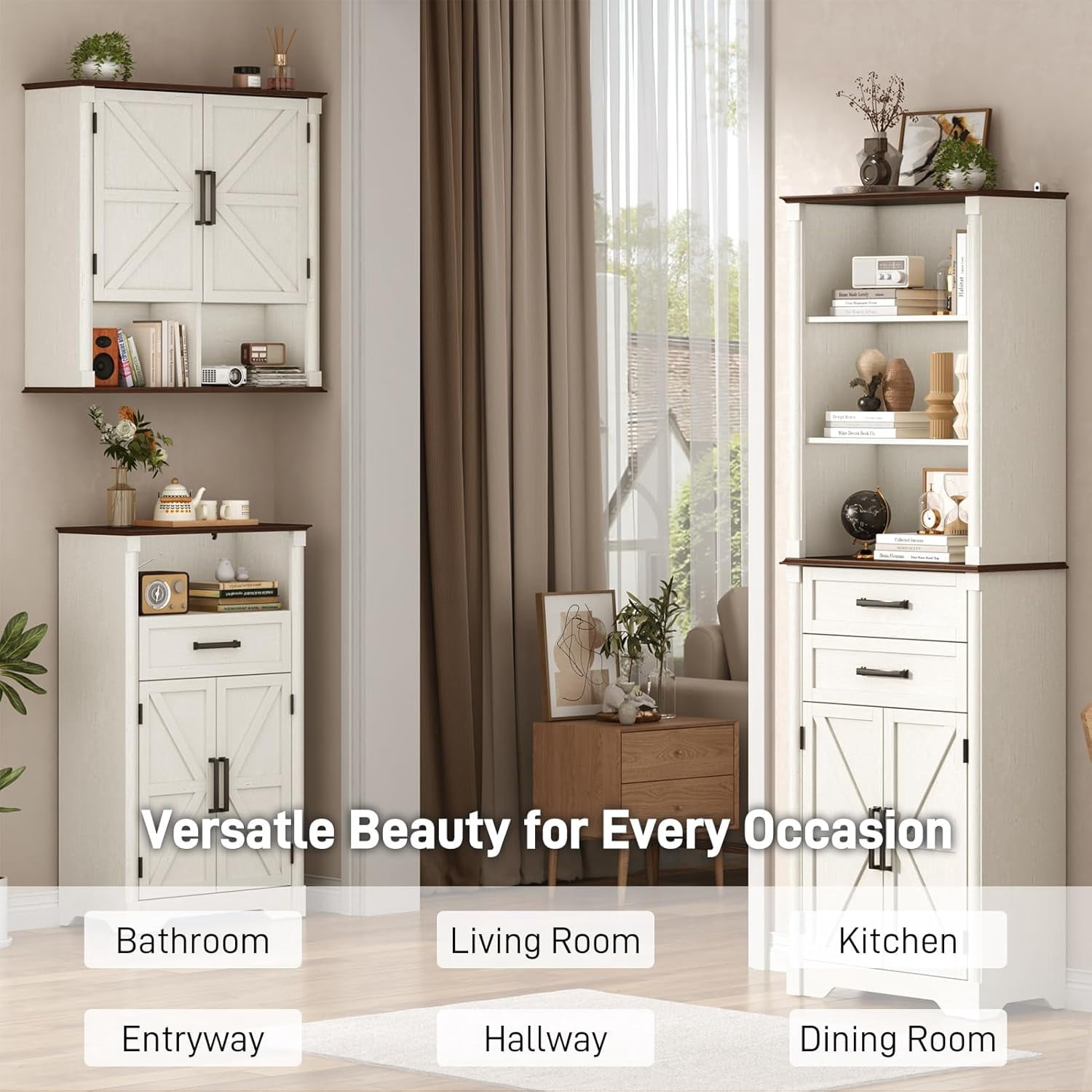 Farmhouse Wall Medicine Cabinets with 2 Barn Doors, Wood Bathroom Storage Cabinet with Roman Column Decor,Farmhouse Double Storage Cabinets with Adjustable Shelf & Door Cabinets, Rustic White