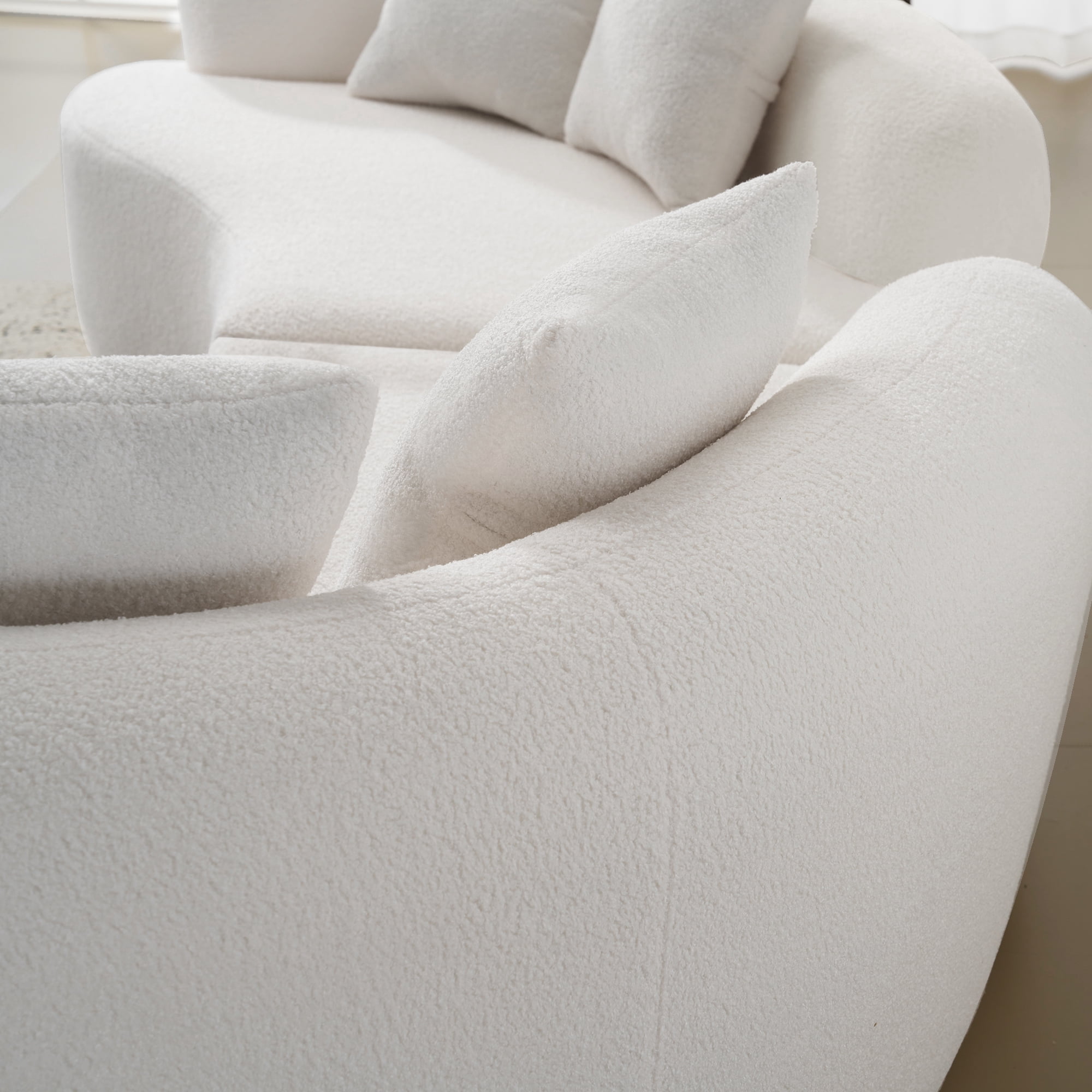 Curved Four Seater Sofa 106.7 Inch, Teddy Velvet Fabric Compression Sponge Couch, No-Assembly Compact Sofa for Apartments, Cloud-Like Comfort, White