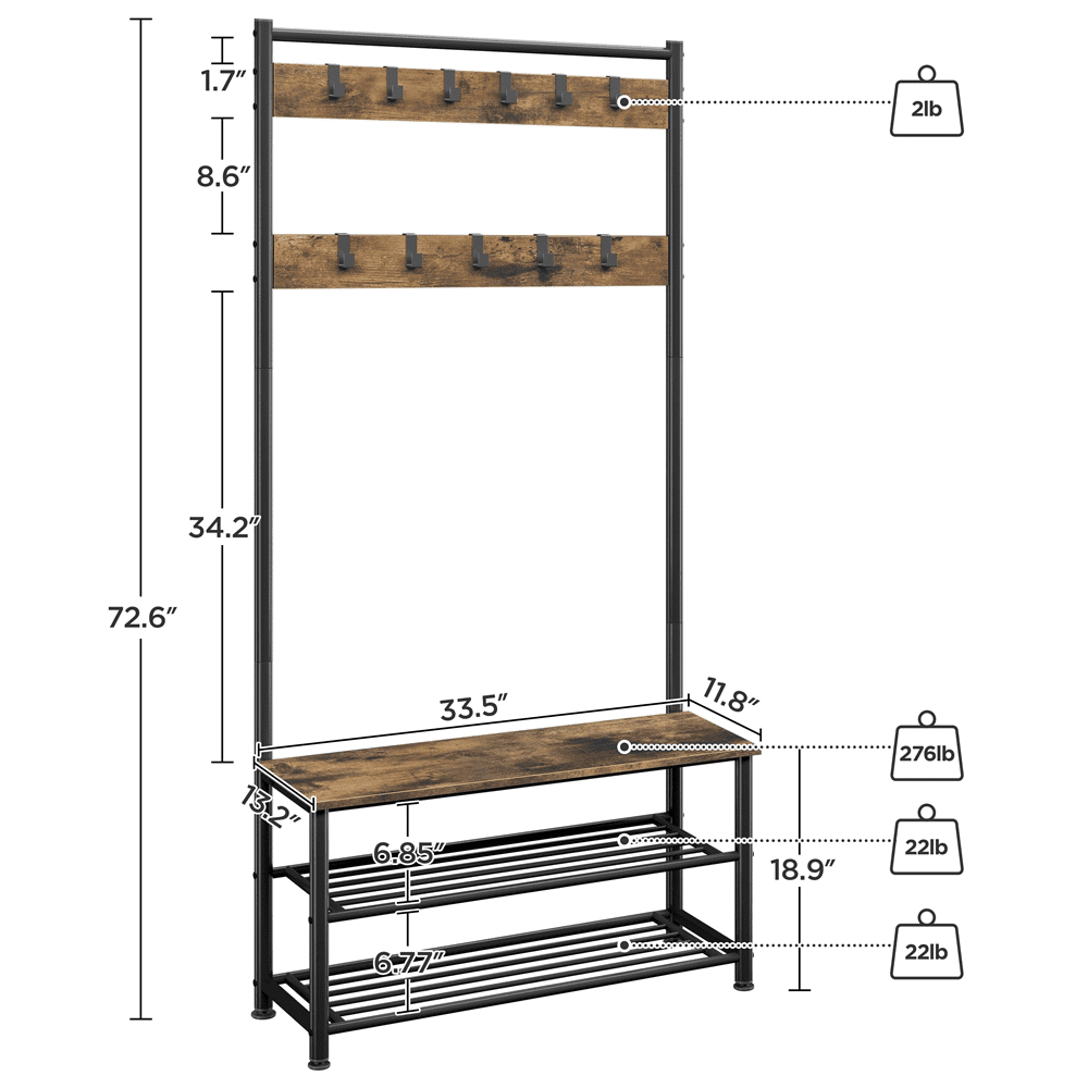 Alden Design 73"H Metal Hall Tree with 2 Layer Shoe Storage, Rustic Brown