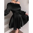 thumbnail image 6 of Black Satin Off-Shoulder Puff Sleeve Ruched Waist A-Line Mini Dress, 6 of 8