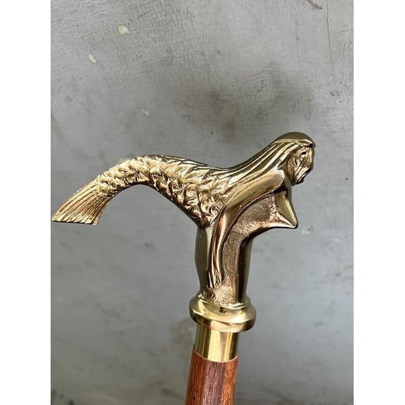 Nautical Heavy Brass Mermaid Handle Head Cane Vintage Antique Walking Stick Cane