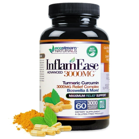 All Natural InflamEase Turmeric Curcumin Plus by Ecostream Naturals - Maximum Support 3000 mg, Gluten-Free - 60 Supplement Pills
