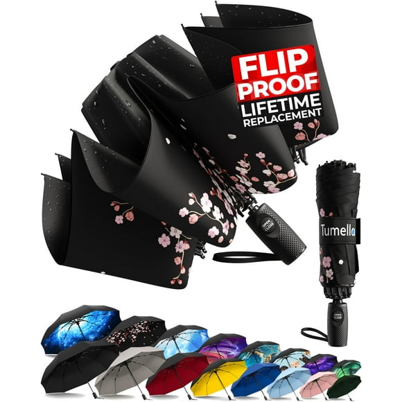 TUMELLA Flip-proof Inverted Travel Umbrella, Small Strong but Light Portable and Automatic Reverse Folding Rain Umbrella, Durable Premium Grip, Fits Car & Backpack