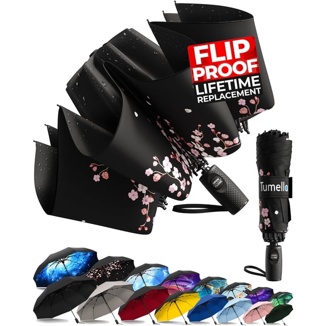 TUMELLA Flip-proof Inverted Travel Umbrella, Small Strong but Light Portable and Automatic Reverse Folding Rain Umbrella, Durable Premium Grip, Fits Car & Backpack