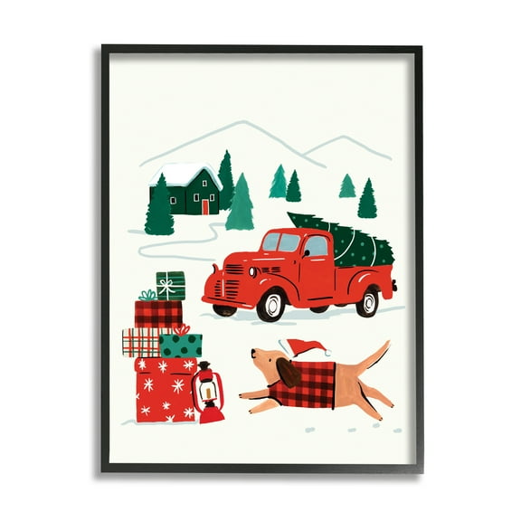 Stupell Indtries Retro Christmas Cottage Landscape Festive Dog Hat Black Framed Wall Art, 24 x 30, Design by Victoria Barnes