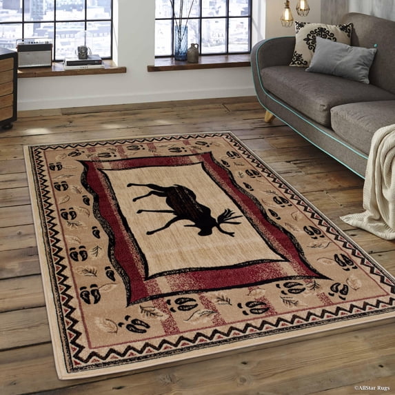 Brown Moose with Fish Print Outdoor Wilderness Area Rug (7' 7" x 10' 6")