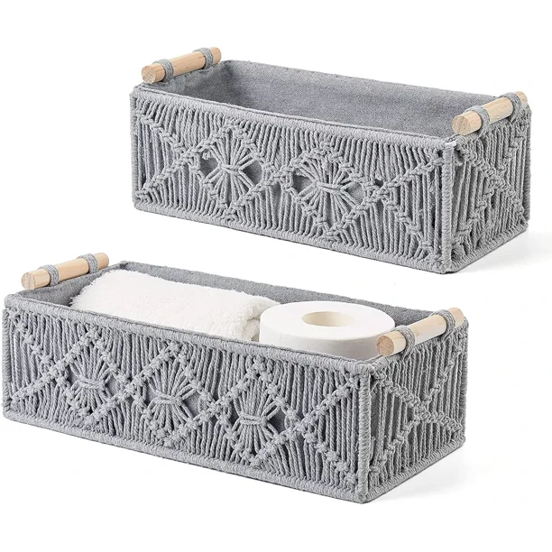 Juego de 2 cestas de almacenamiento de macramé, caja de decoración bohemia tejida a mano, estante decorativo para encimera de inodoro, estante para dormitorio, habitación de niños, sala de estar, hog JAMW Sencillez