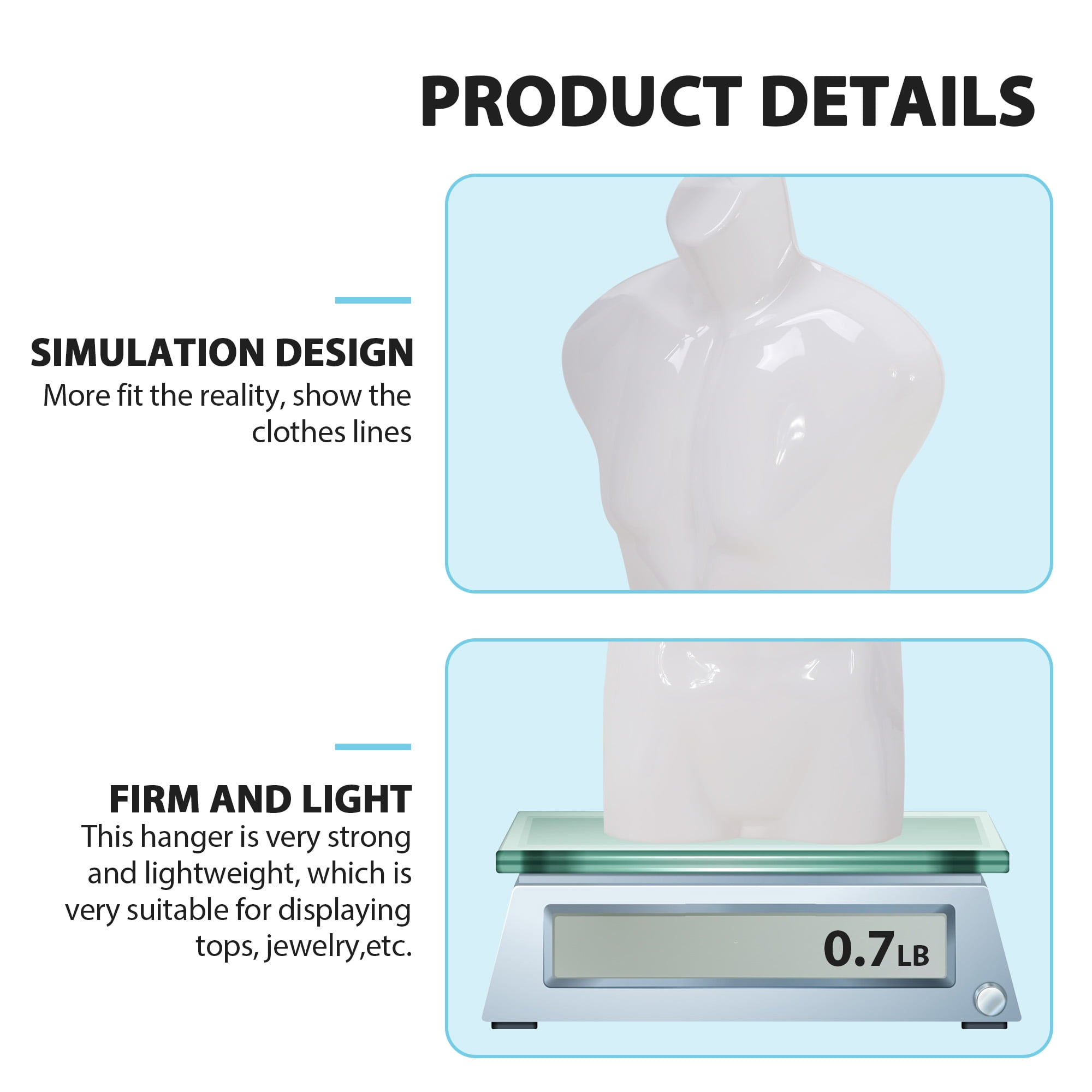 YRLLENSDAN 4PCS Male Mannequin Torso Dress Form Sewing Manikin 30 Inch Height Dress Model Mannequin Display Head Dress Mannequin Clothing Form Metal Hook (30in, White)