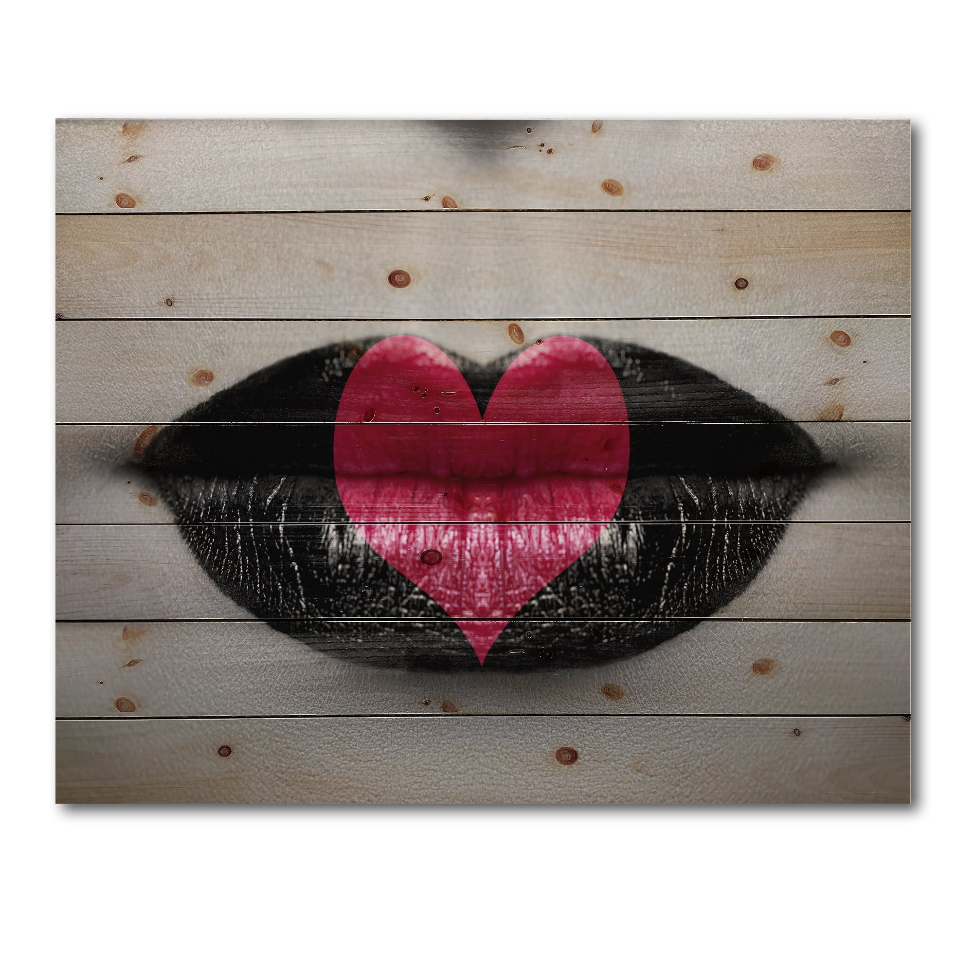Designart 'Red Heart In Monochrome Lips' Modern Print on Natural Pine Wood